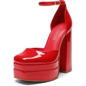 Dream Pairs Women Red-pat Faux Leather Closed Toe Chunky High Heels Platform